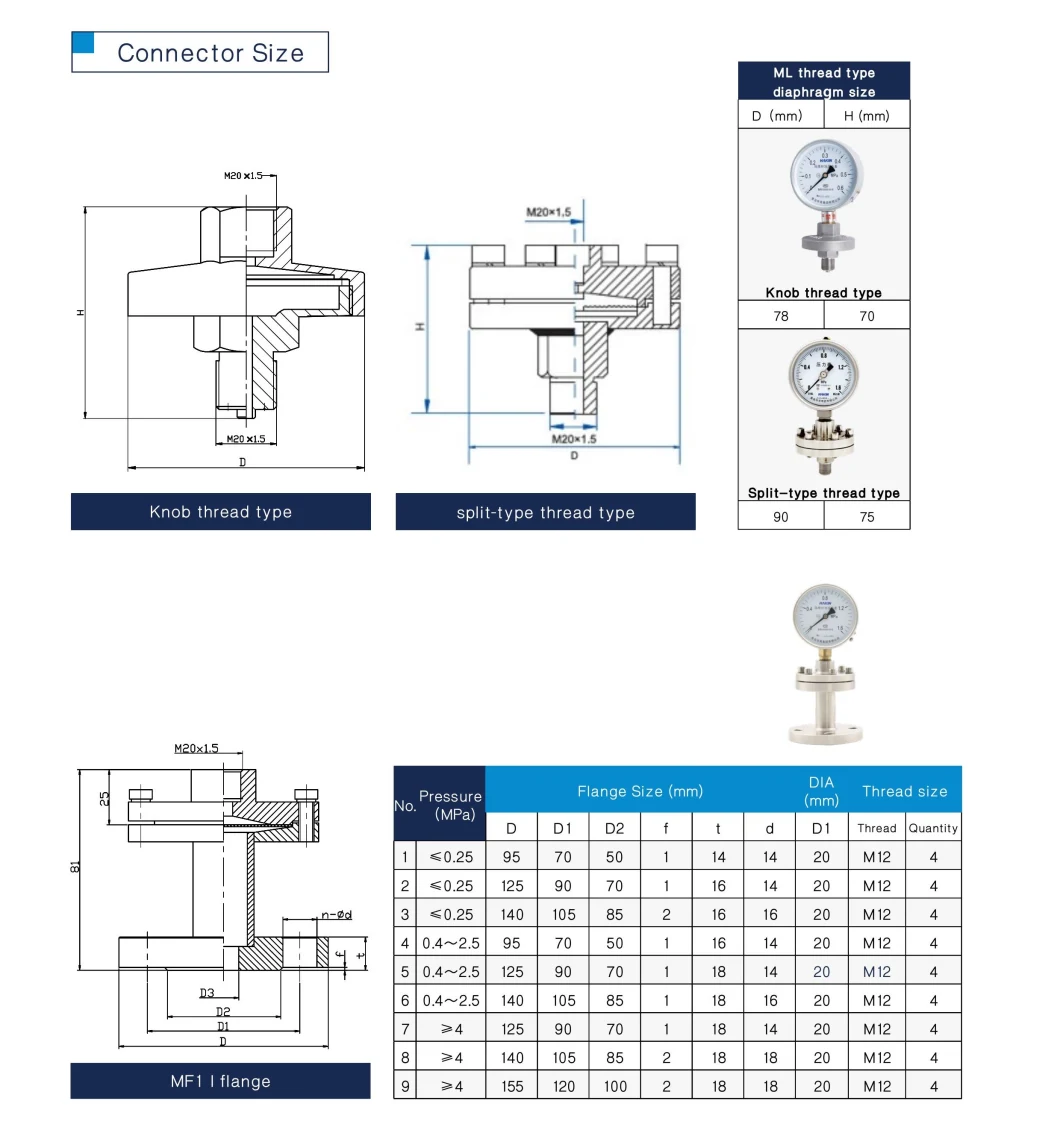 Hakin Stainless Steel Diaphragm Seal Pressure Gauge with Flange I Shaped Thread Type 60mm 100mm 150mm